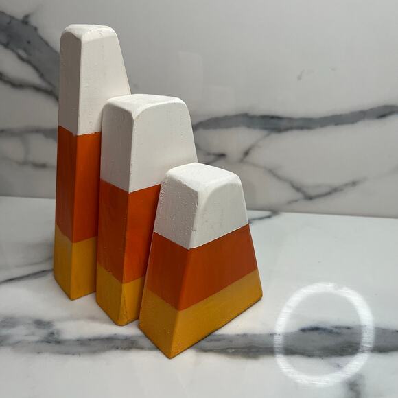 Set of 3 Wood Candy Corn Chunky Wood Halloween Fall Table Decor - Picture 1 of 3